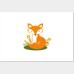 Smiling and sleeping foxes and flowers | orange and light gold | repeat pattern Posters and Art